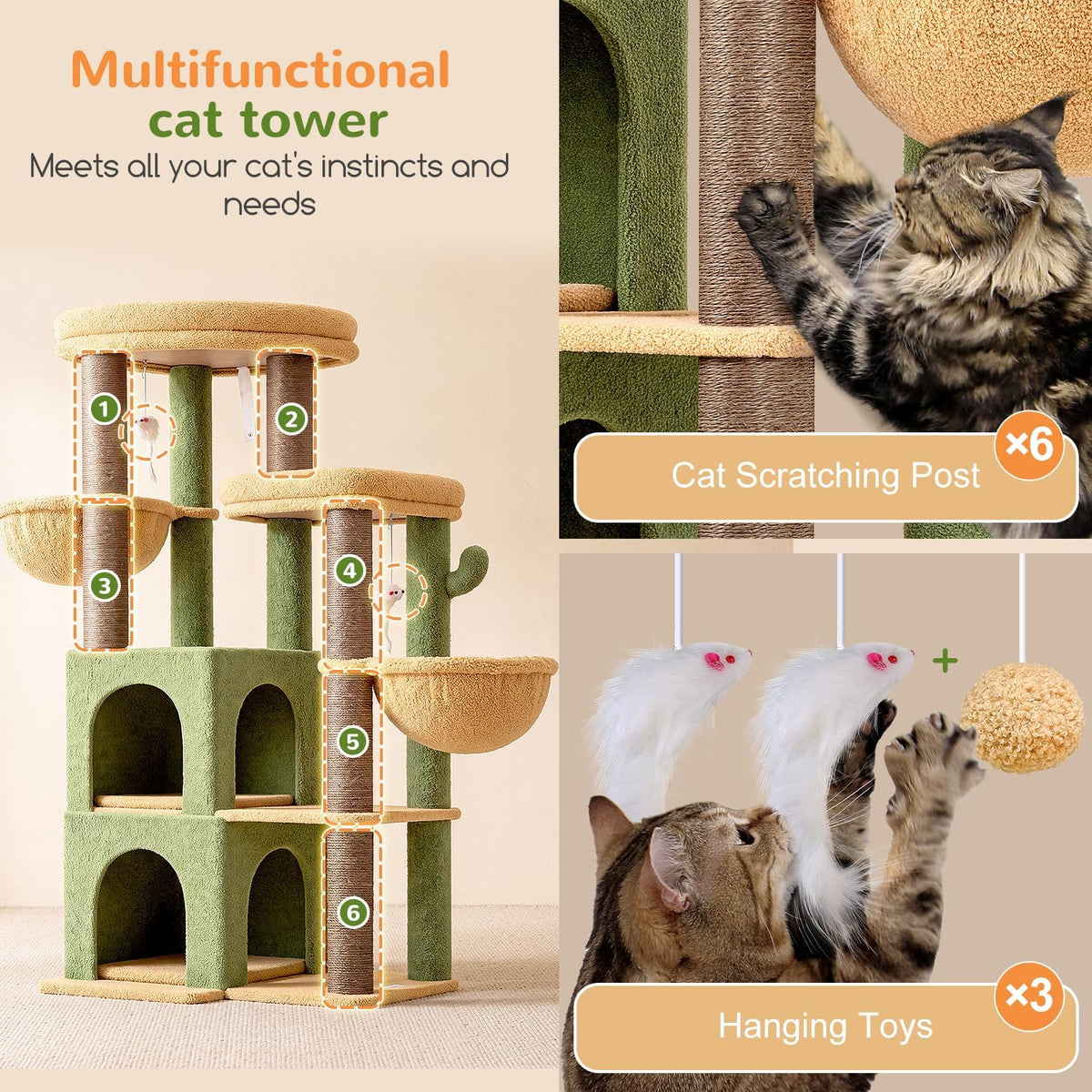 Globlazer Cactus Cat Tree Tower for Indoor Cats Large Adult, S63, Green