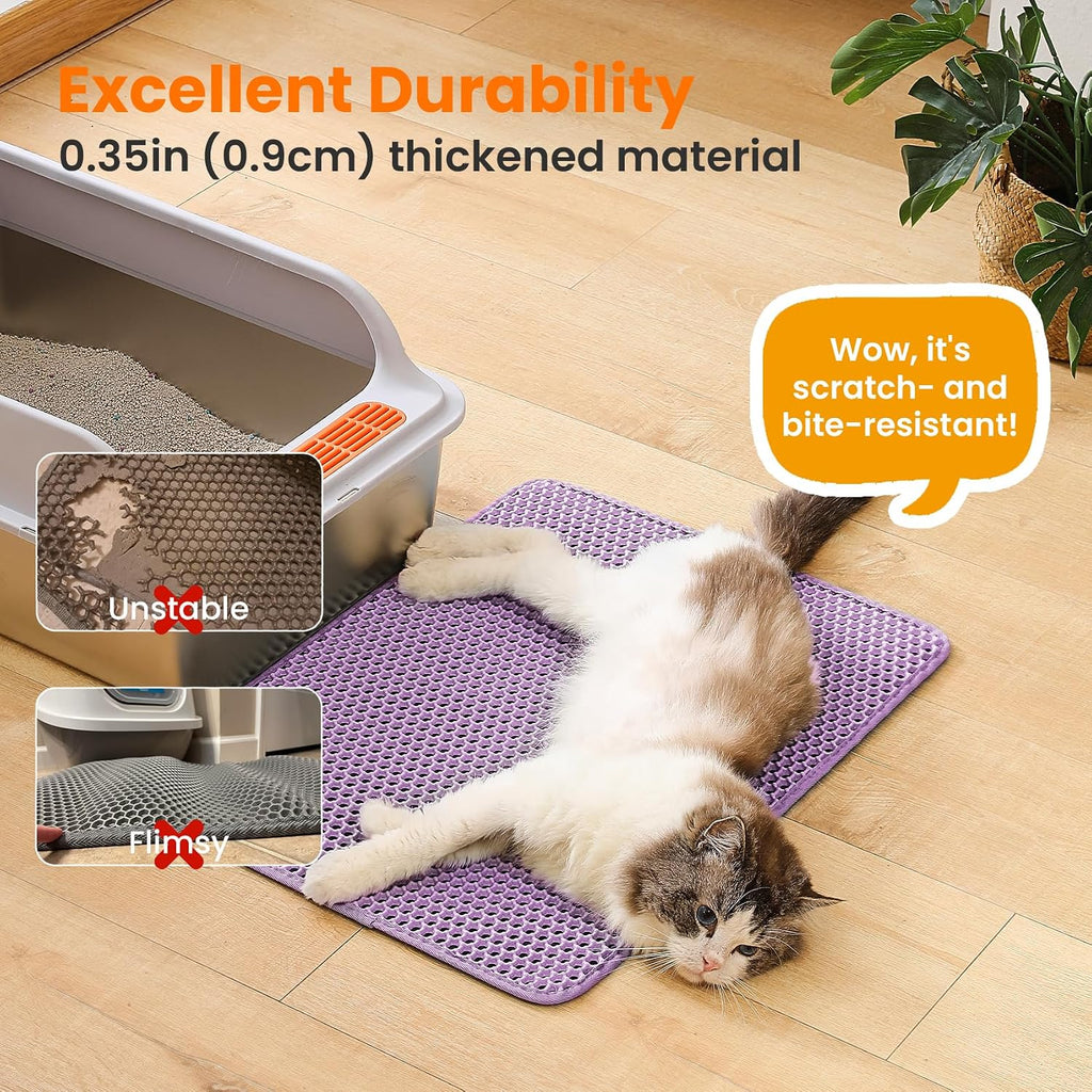 Cat Litter Mat, Double Layer Honeycomb Litter Box Mat | 24x18”, Efficient Litter Trapping, Easy to Clean, Waterproof, Non-Slip, Soft on Paws, Scratch Resistant, Purple, Large