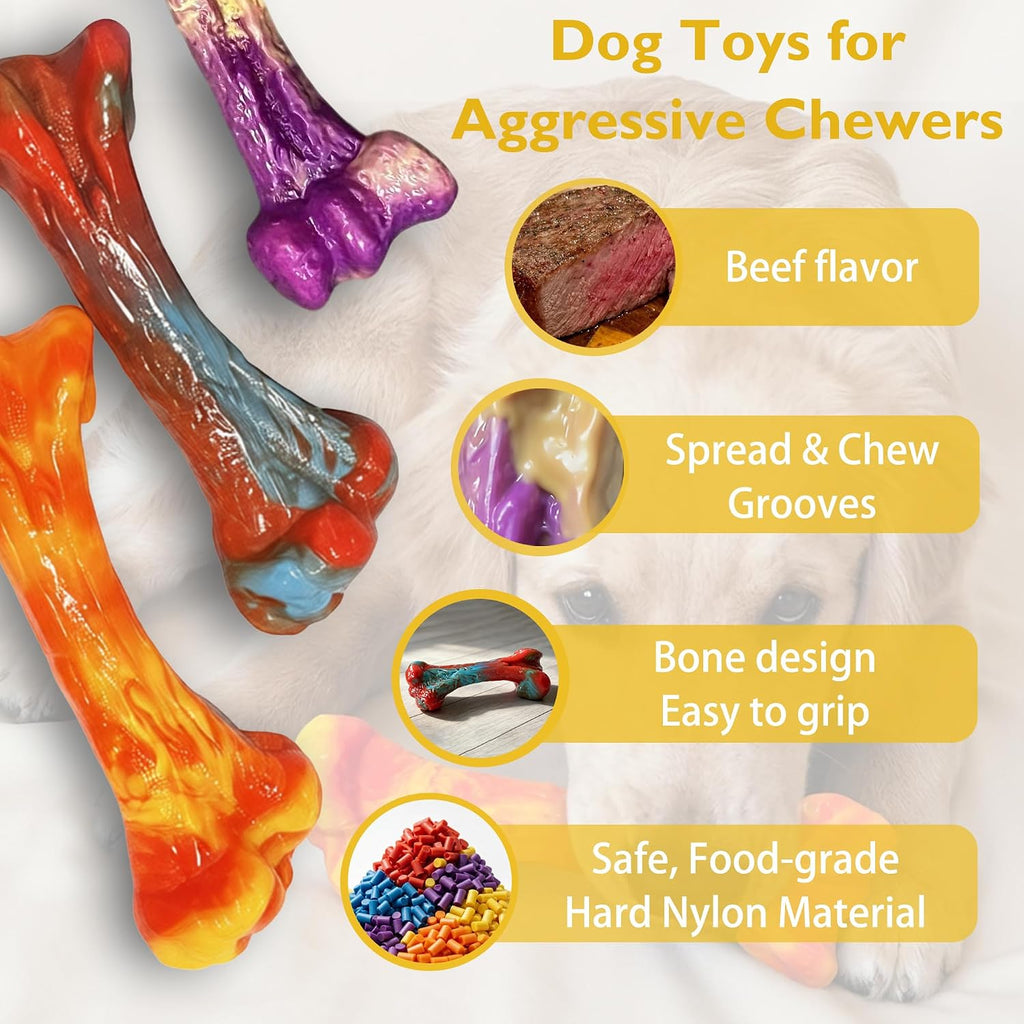 3-Pack Dog Chew Toys for Aggressive Chewers, Medium Large Breed | Indestructible Dog Bone Toys to Keep Them Busy,Dental Textured, Long Lasting,Beef Flavor