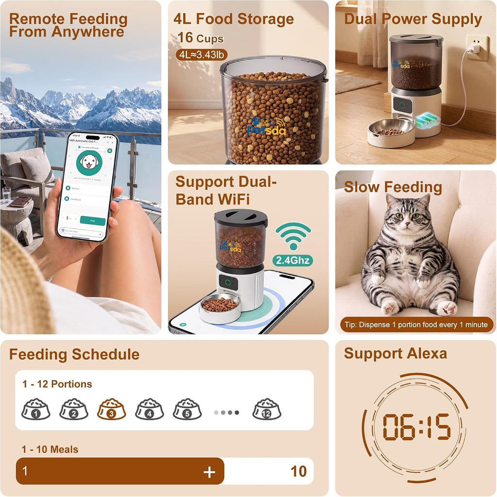 Automatic Cat Feeders 4L Timed Dry Food Dispenser WiFi 10 Meals Programmable 1-12 Portion Per Day with APP Control Dual Power Supply with Stainless Bowl for Multi-Pet Easy Clean