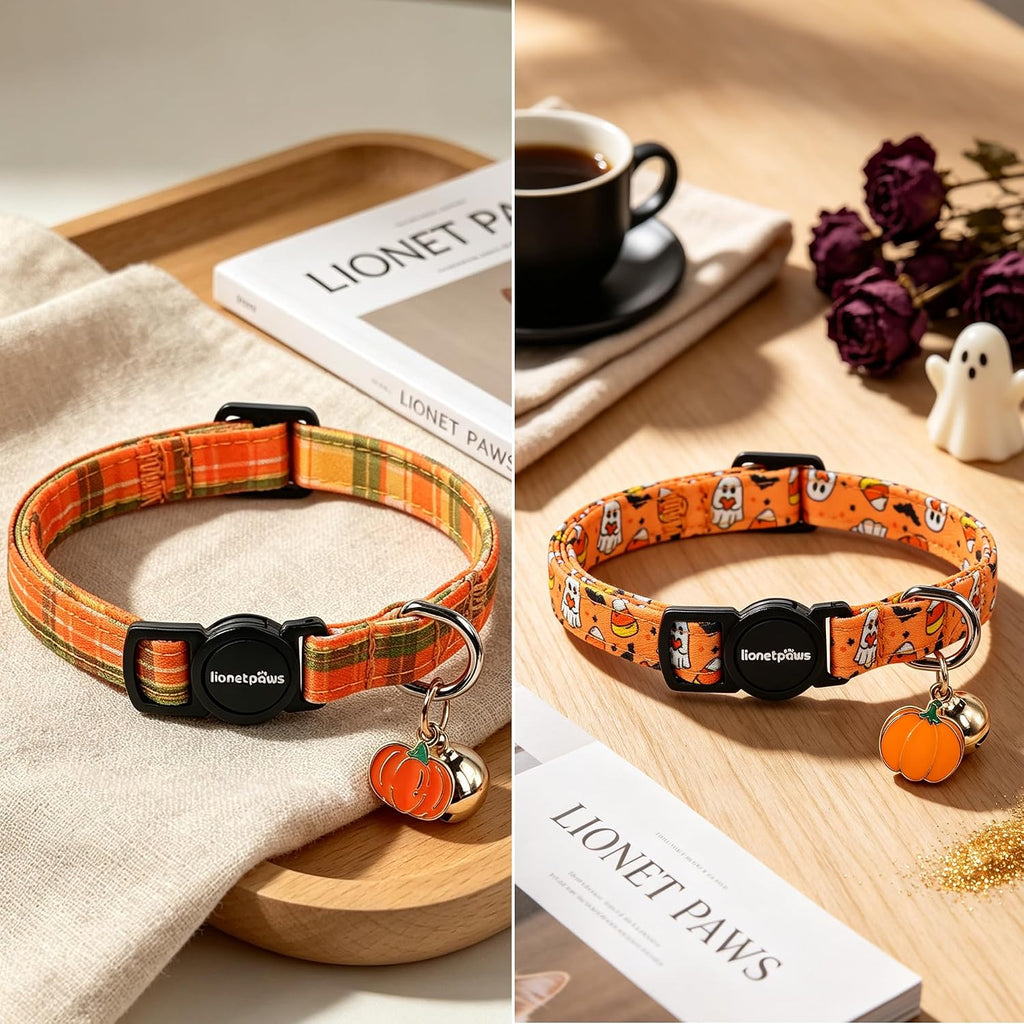 LIONET PAWS 2 Pack Breakaway Cat Collars, Cute Soft Cotton Halloween Orange Pumpkin Ghost & Fall Plaid Kitten Collars with Bell & Charm for Boy Girl Cats