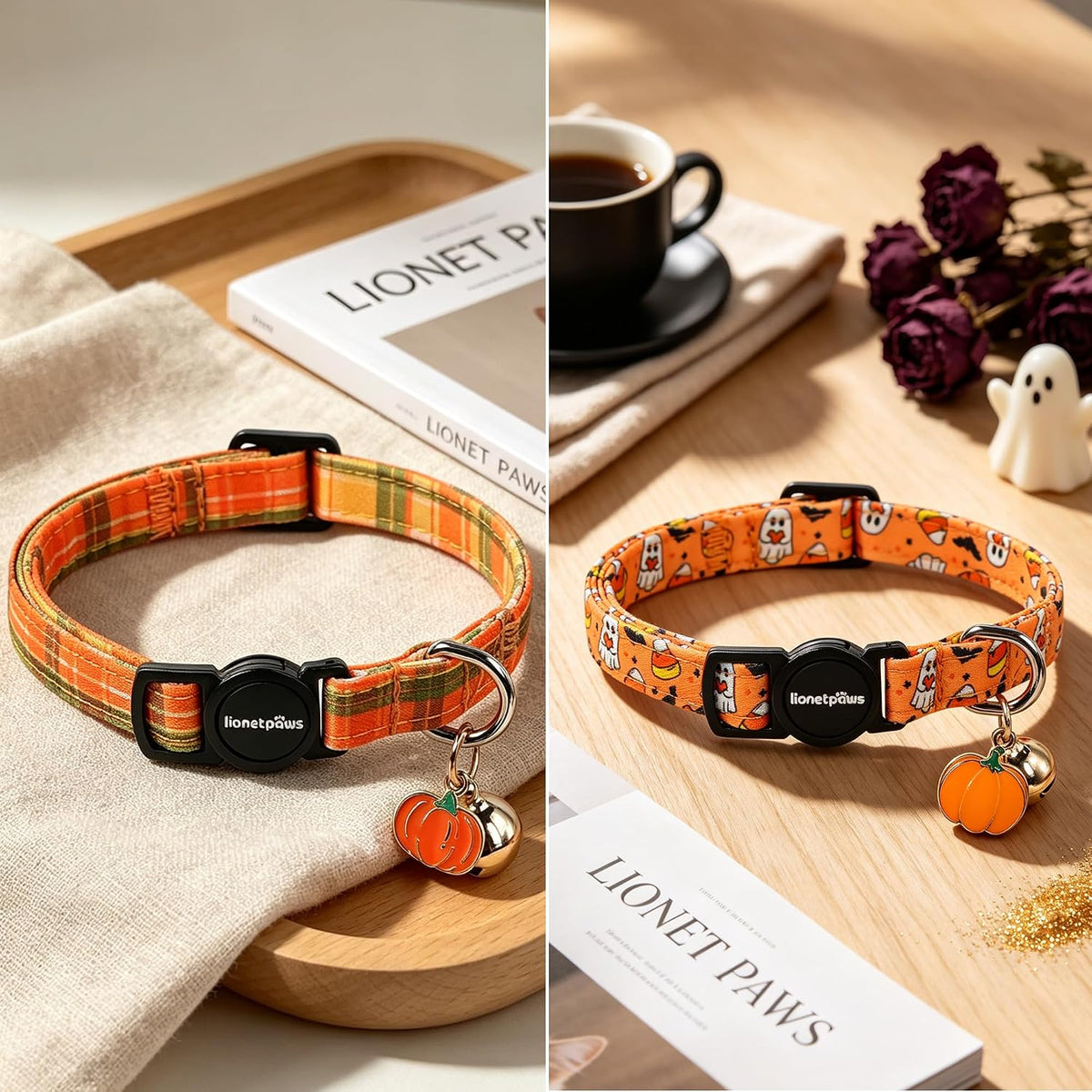 LIONET PAWS 2 Pack Breakaway Cat Collars, Cute Soft Cotton Halloween Orange Pumpkin Ghost & Fall Plaid Kitten Collars with Bell & Charm for Boy Girl Cats