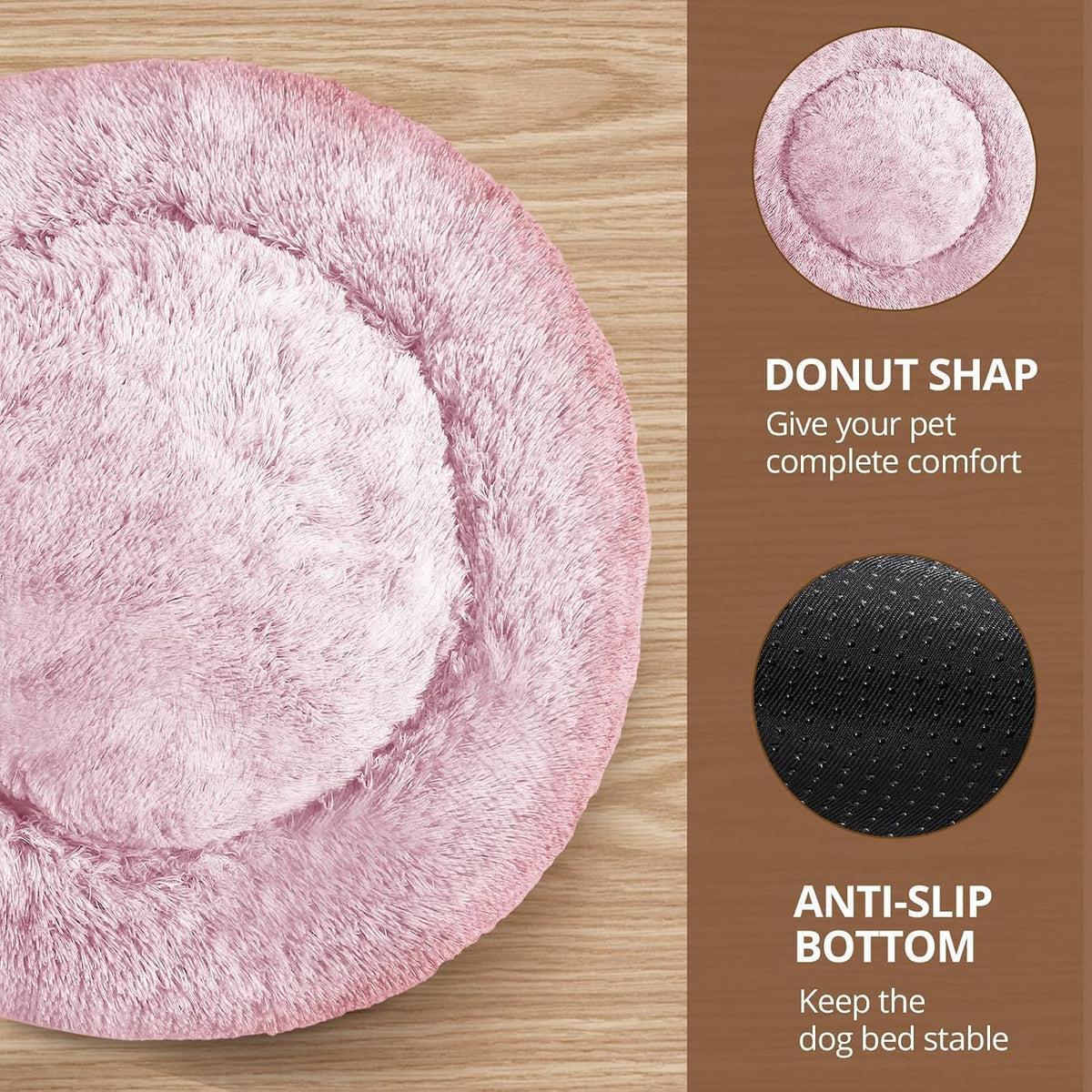 JOLLYVOGUE Calming Dog Bed for Small Dogs - 23 inches Donut Washable Small Dog Bed for Kittens & Puppies, Anti-Slip Round Fluffy Plush Faux Fur Cat Beds (Fits up to 25 lbs Pets, Smoke Pink)