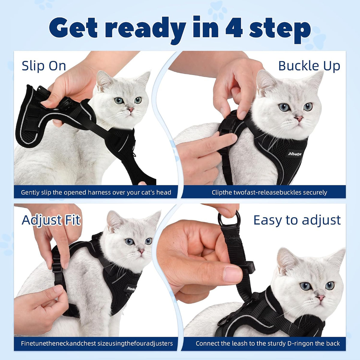 Escape-Proof Cat Harness & Leash Set | Adjustable Reflective Design | Breathable Lightweight Comfort | Quick & Easy to Wear | Safe Fit for Small, Medium & Large Cats-Black,S