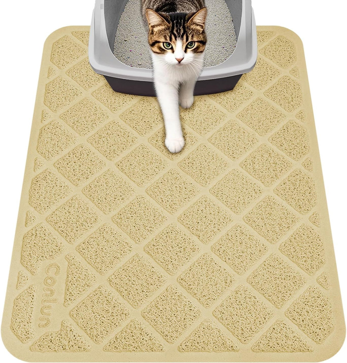 Conlun Cat Litter Mat Litter Trapping Mat, Premium Durable PVC Grid Mesh with Scatter Control, Non-Slip, Less Waste Cat Litter Box Mat, Soft on Kitty’s Paws, Urine Waterproof, 24" x 17" Beige