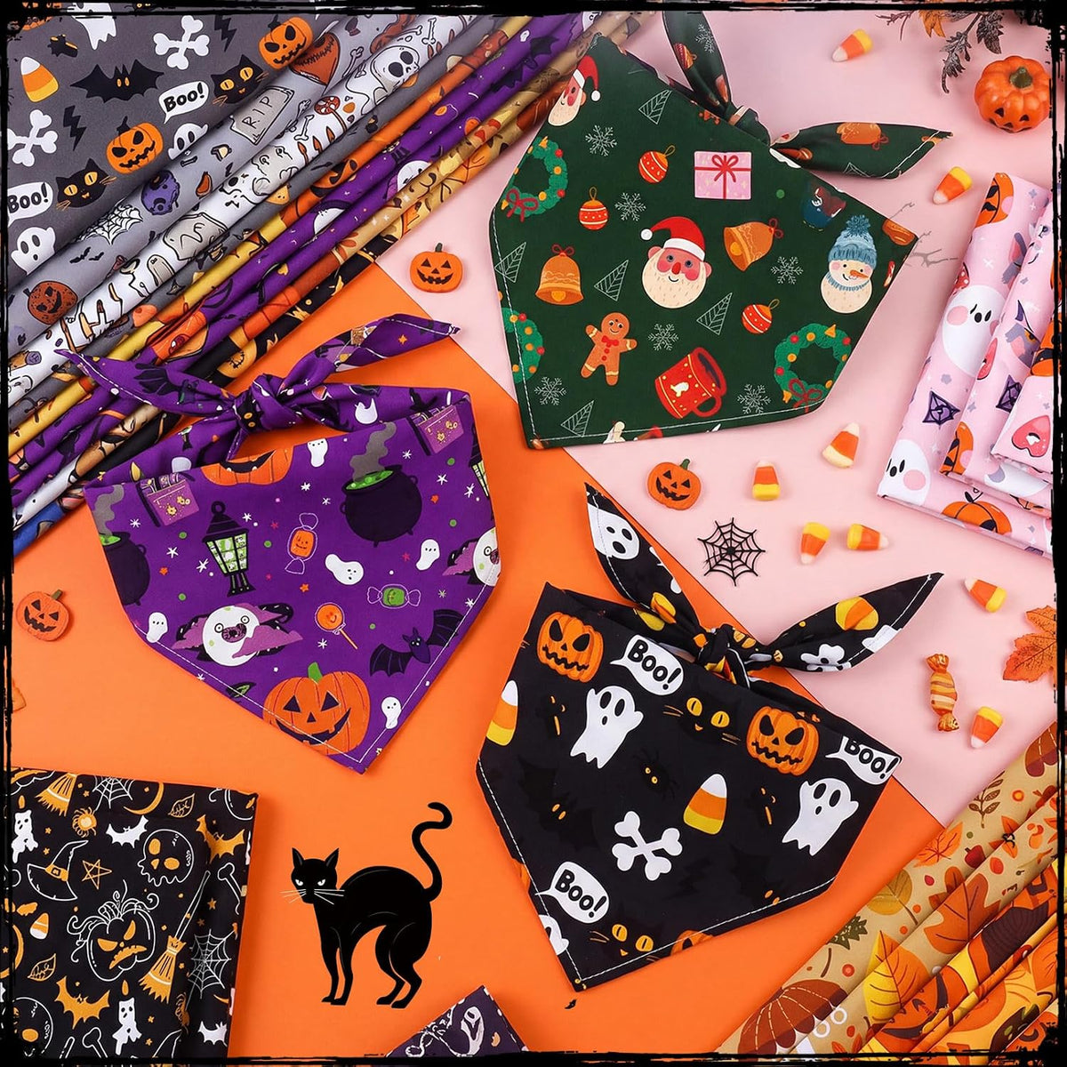 Huhumy 100 Pcs Fall Halloween Dog Bandanas Bulk Seasonal XL Dog Bandanas