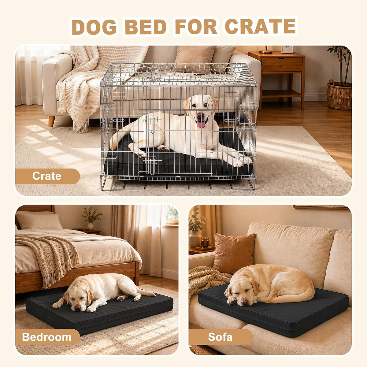 XXL Dog Bed Waterproof Washable, Wipeable Leather Large Crate Pad 48" Black