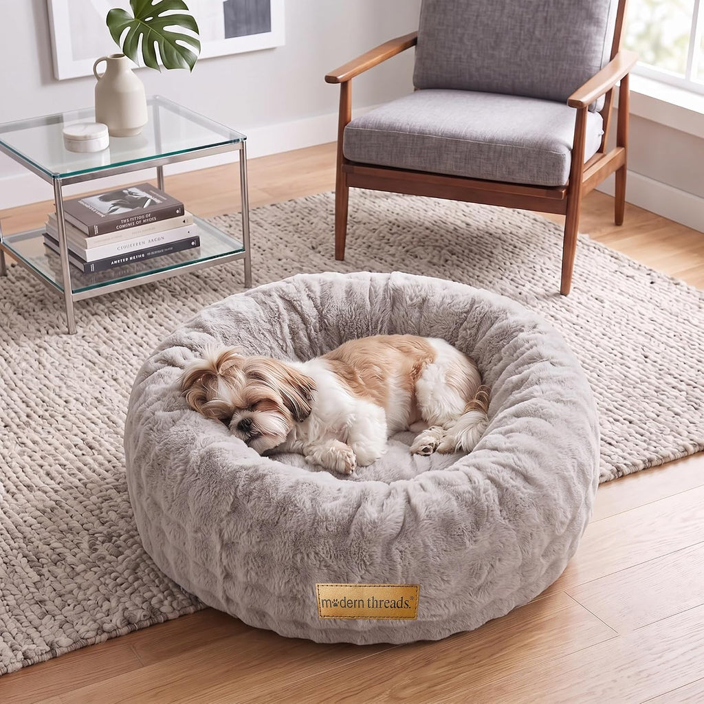 Modern Threads Calming Donut Dog Bed for Small Dogs, Plush Round Faux Fur Pet Bed with Raised Bolster, Soft Washable Dog Bed, 24x24x9, Gray