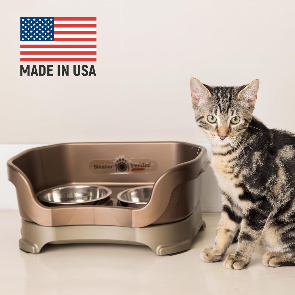 Neater Pet Brands Neater Feeder Deluxe Mess Proof Cat Bowls Elevated, Made in USA, No Spill Raised Bowls for Indoor Cats, Stainless Steel Food and Water Bowl Set, Pet Dish Feeding Station, Bronze 