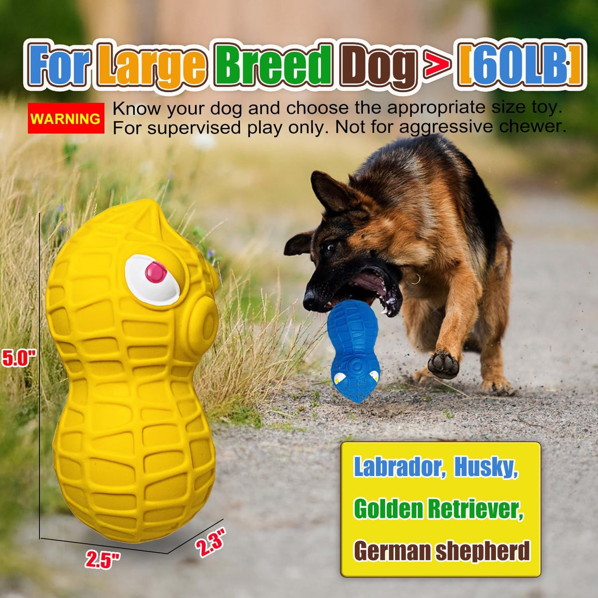 HOLYSTEED Squeaky Dog Toys for Large Dogs, Latex Peanut Dog Squeak Balls | 2.3"x2.5"x5.0" 3pcs, Cute Puppy Squeaky Balls for Dogs Big, Interactive Fun Natural Rubber Pet Toy for Indoor & Outdoor Play