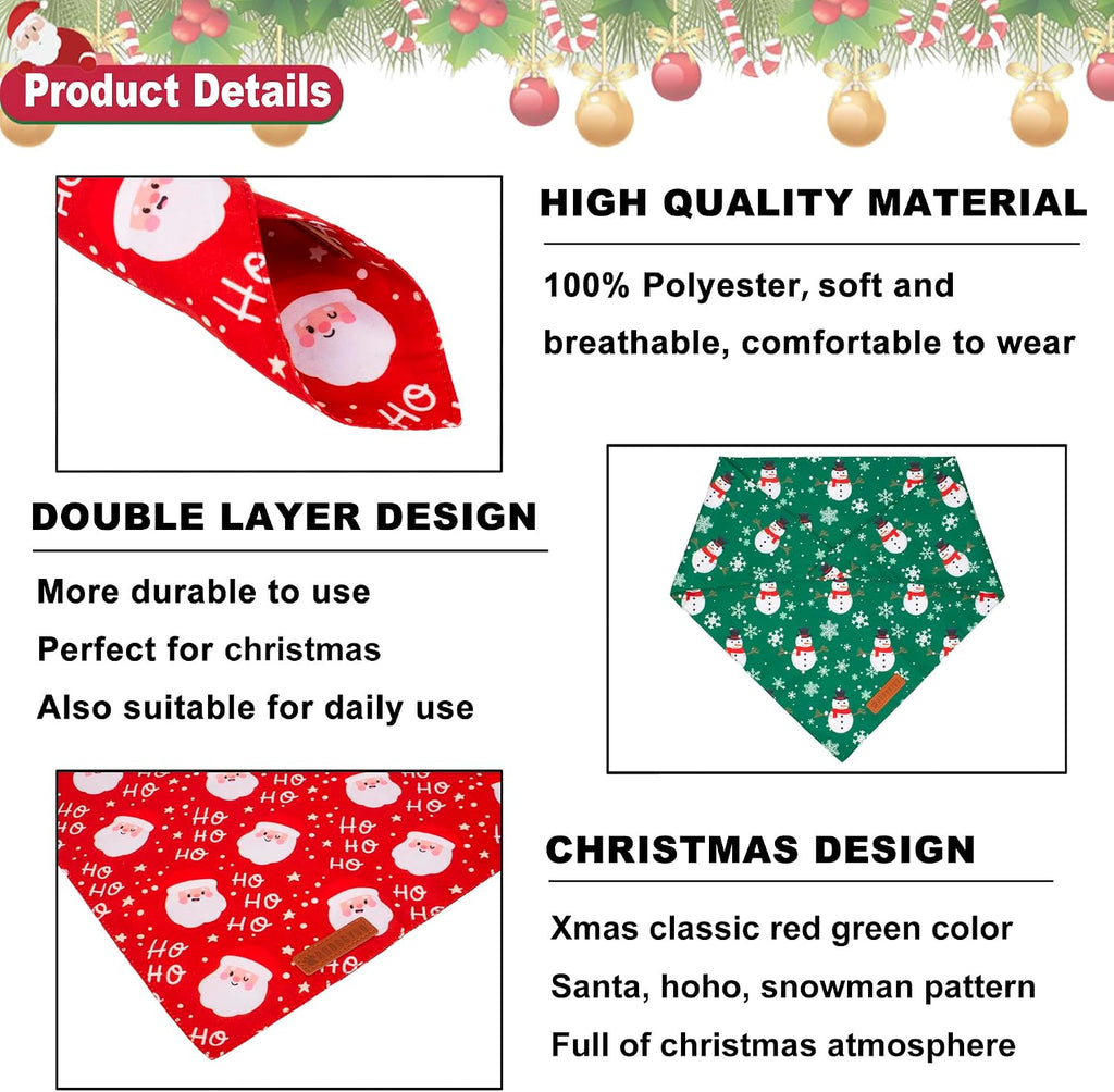 ADOGGYGO Christmas Dog Bandanas, Snowman Santa Xmas Pet Scarf, Multi Size Offered, Red Green Christmas Bandana for Medium Large Dogs Pets (Large)