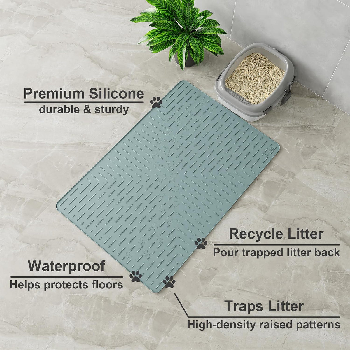 OHMO XL Cat Litter Mat, 37.5x25.2 Silicone Trapping Mat Light Blue | for Kitty Litter Box, Easy Clean, BPA Free Rubber, Center Litter Collection, Easy Pour-Back, Waterproof, Odor-Resistant