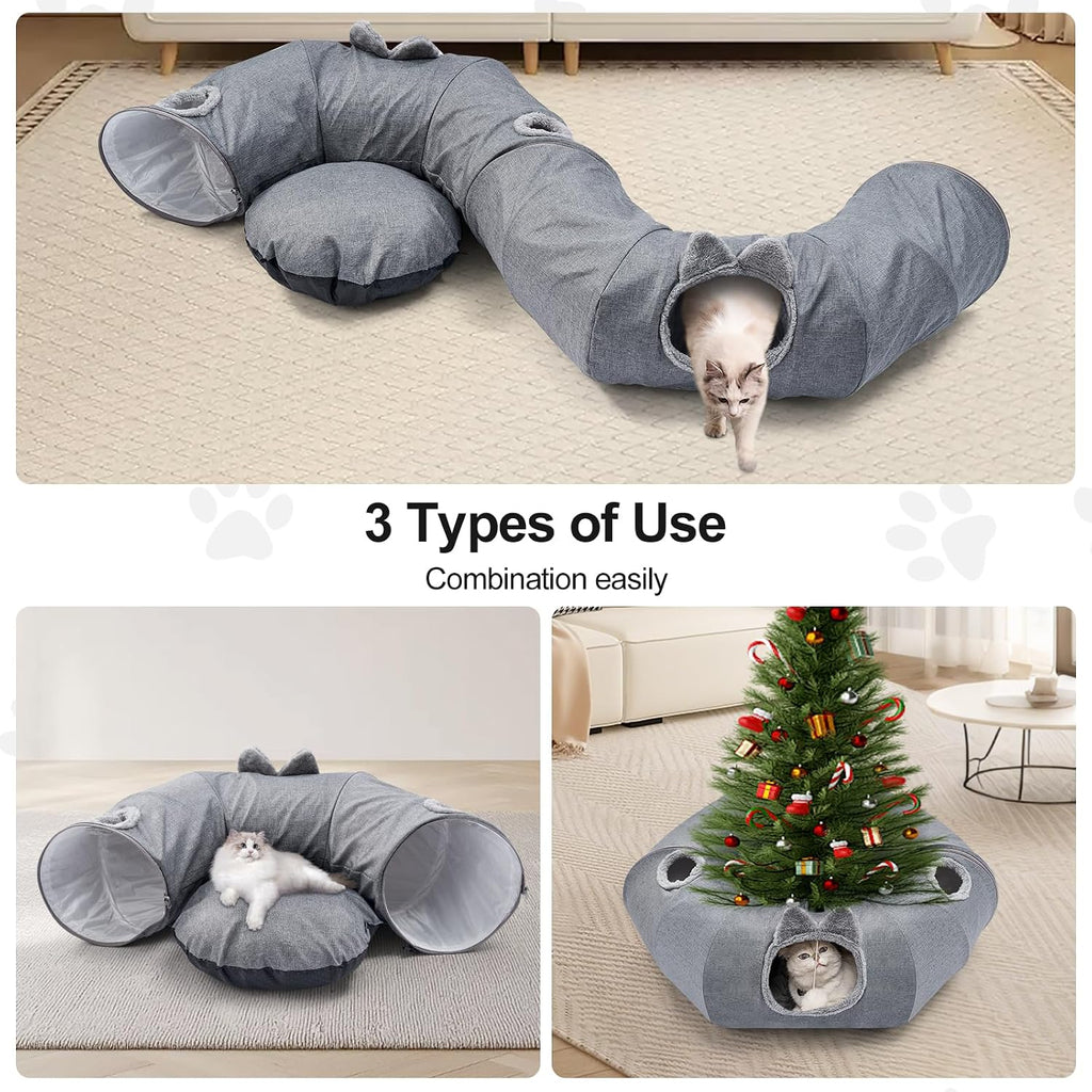 Odoland Linen Cat Tunnels & Central Cat Bed with 9 Interactive Cat Toys