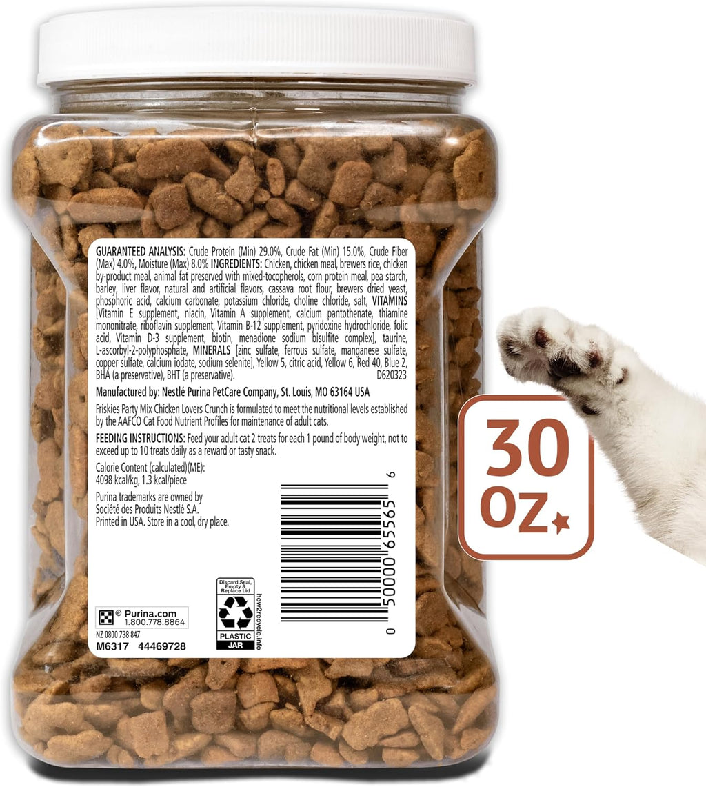 Friskies Purina Party Mix Chicken Lovers Crunch Cat Treats, 30 oz Canister