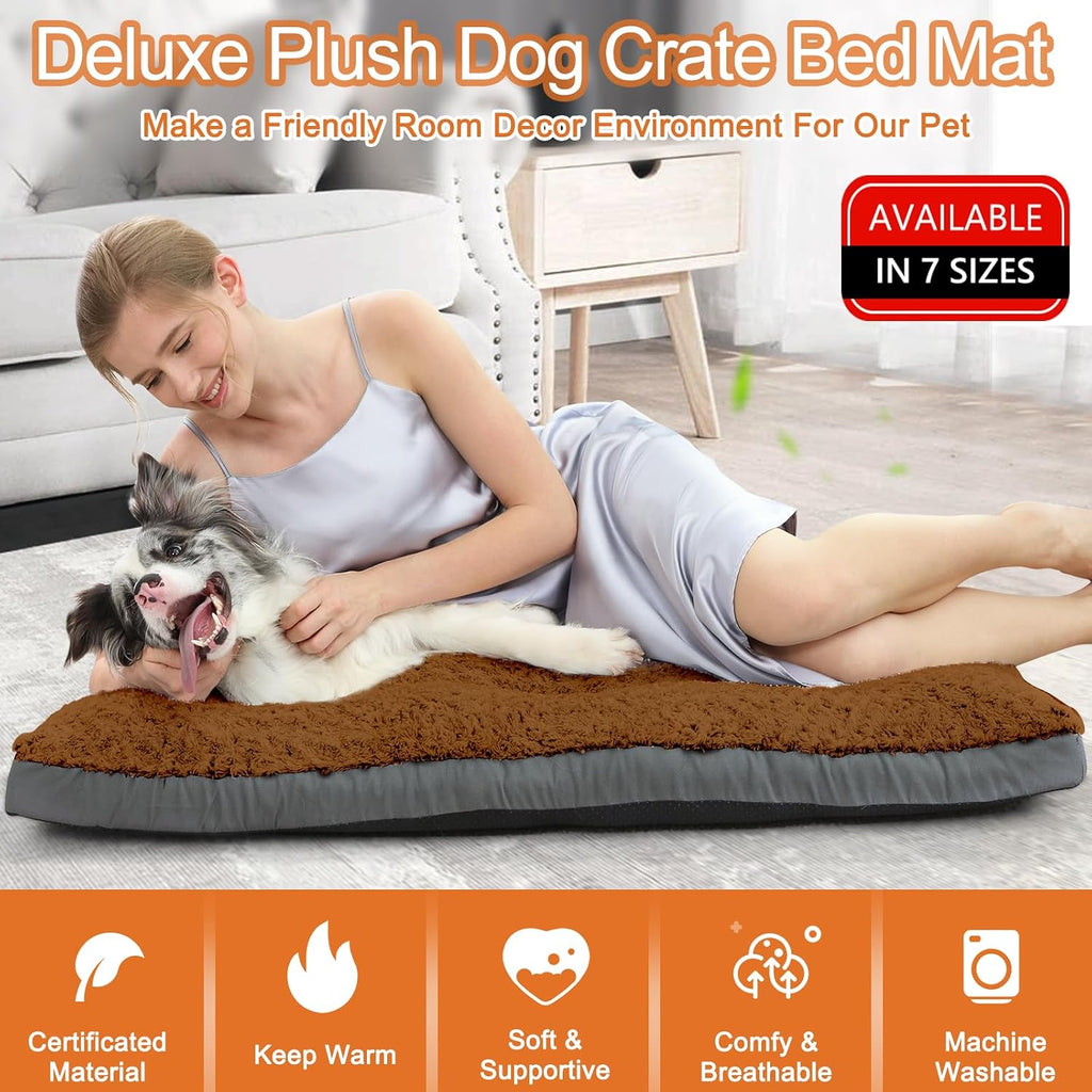 POCBLUE Dog Bed Medium Sized Dog, Washable Plush Pet Bed for Crate, Anti-Slip Pet Mat for Cages, Comfy Crate Pad for Outdoor/Indoor/Car Use, Soft Kennel Pad for Dogs Up to 40 lbs, 29"x19", Brown