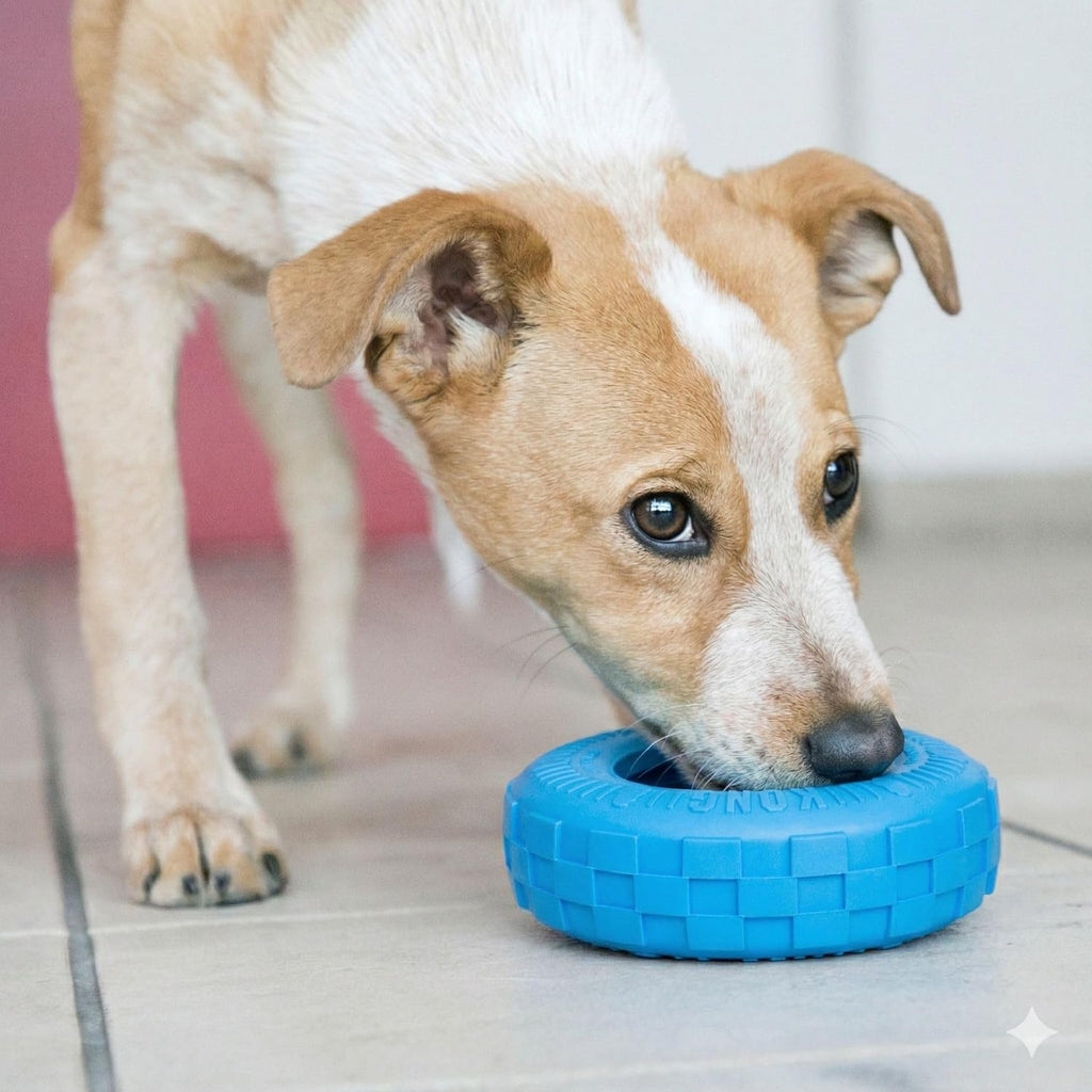 KONG Puppy Tires, Natural Rubber Teething Toy, Medium/Large Puppies, Blue | Durable KONG Natural Rubber Chew & Fetch Toy That Promotes Healthy Teeth & Gums with a Fun Bounce & Easy Roll