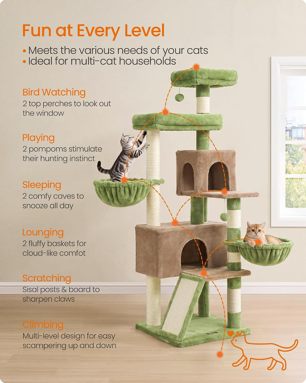 Feandrea Cat Tree, 68.5-in Tall Cat Tower, Multi-Level Condo, Green