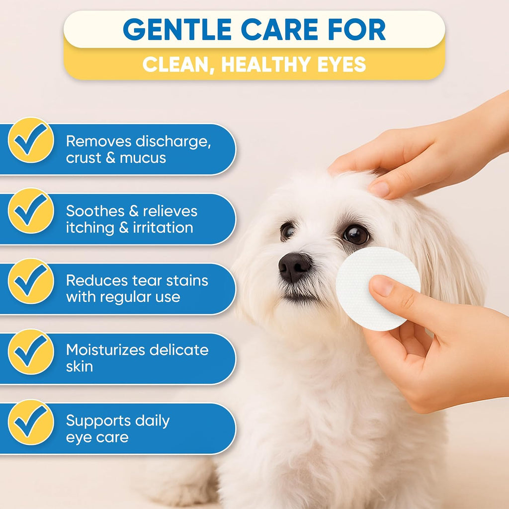 Pet Eye Wipes for Dogs & Cats – Extra-Large Textured Pads Remove Discharge, Crust & Tear Stains – Hypoallergenic Cleaner for Eyes, Wrinkles & Face – Soothing Witch Hazel & Chamomile Formula – 120ct