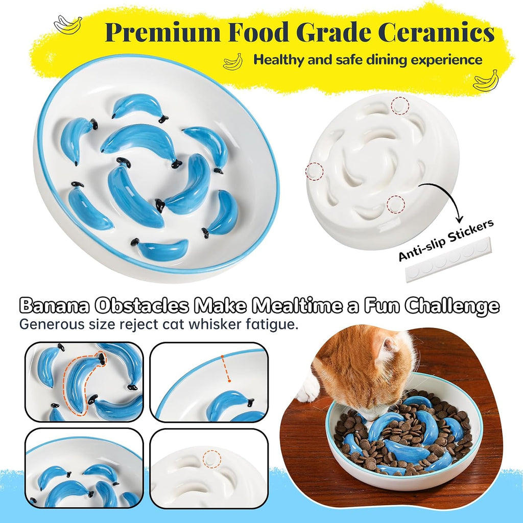 Ceramic Slow Feeder Cat Bowl, 6.3'' Wide Whisker Friendly Cat Puzzle Feeder | Slow Eating 5x, Anti Vomit Shallow Slow Eating Cat Dish for Dry and Wet Food, Contrasting Colors, 6.3" X 1.2"