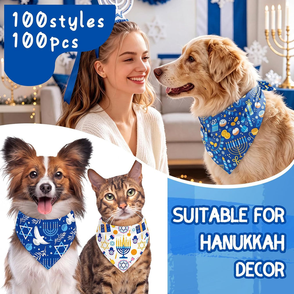 Huhumy 100 Pcs Hanukkah Dog Bandanas Bulk Bandana for Dogs Hanukkah Decor