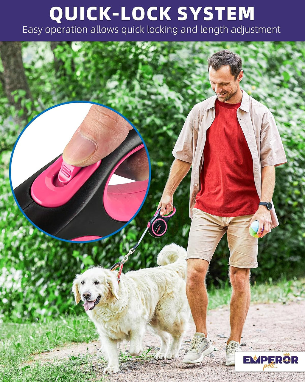 EMPEROR PETS 16.2 ft Retractable Dog Leash, for Dogs 10-110 lbs, Pink