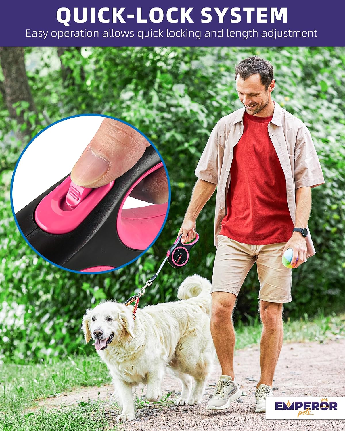 EMPEROR PETS 16.2 ft Retractable Dog Leash, for Dogs 10-110 lbs, Pink