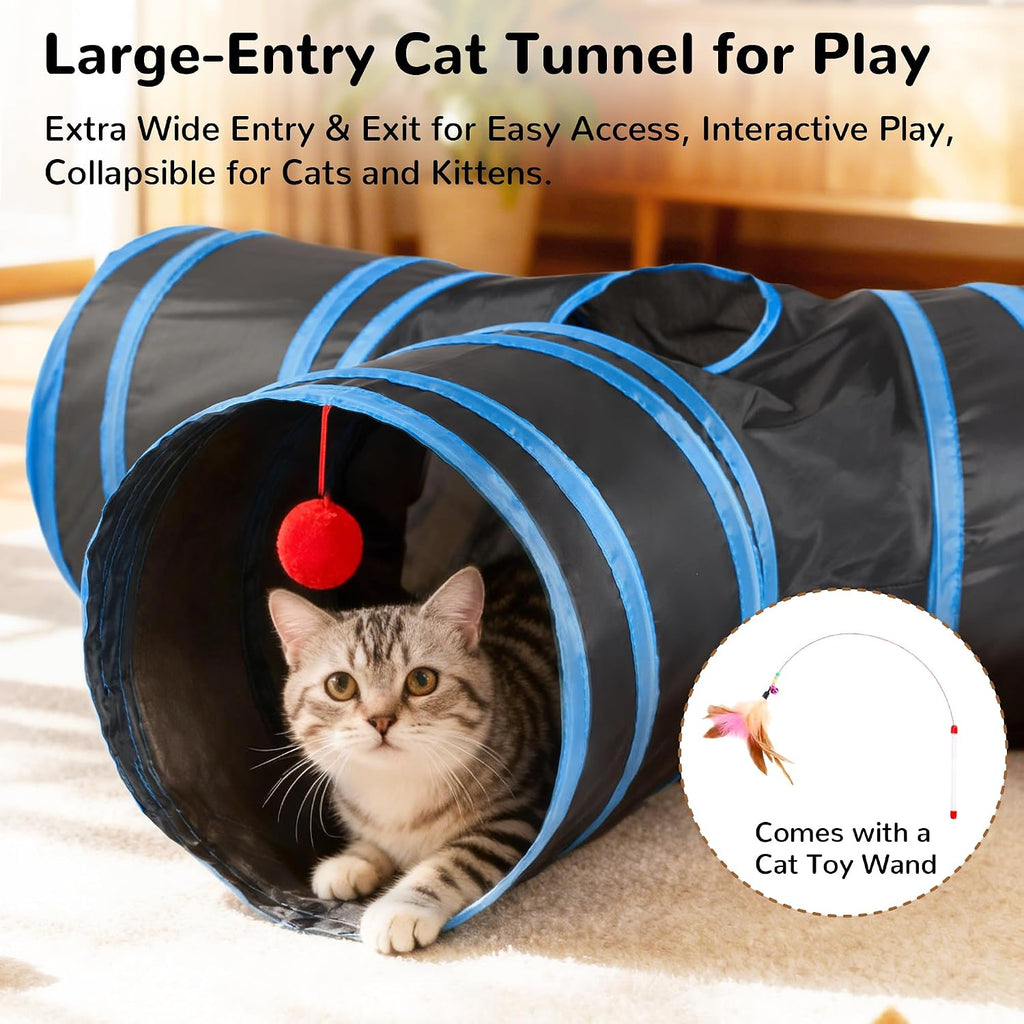 Tempcore Cat Tunnel, 3-Way Collapsible Toy, Large Size Black & Royal Blue | Large Size 3-Way Cat Tunnel Provides More Room for Cats to Run, Hide and Chase, with Peek Holes, Hanging Ball and Teaser Wand