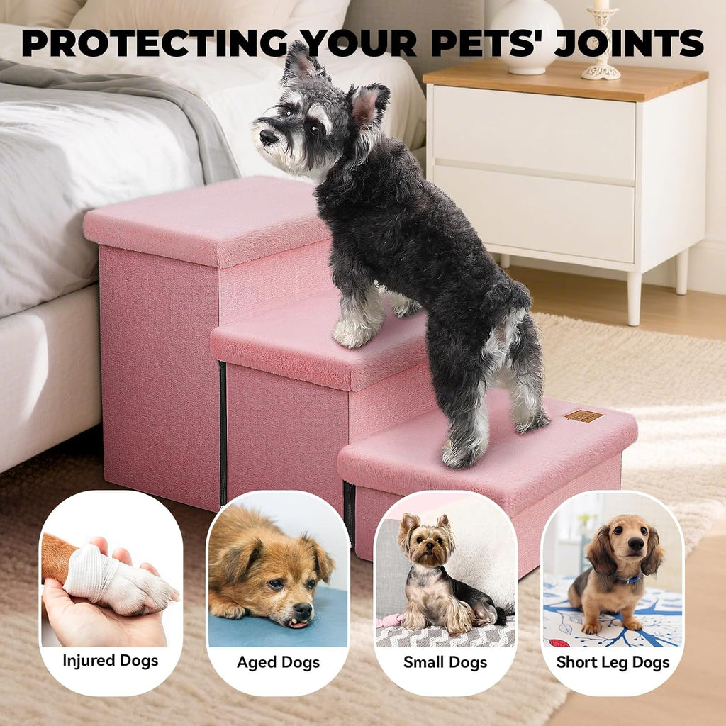 Zerbuger Dog Stairs with Storage, Pink Furry Lids 3 Steps Dog Ramp no Condo