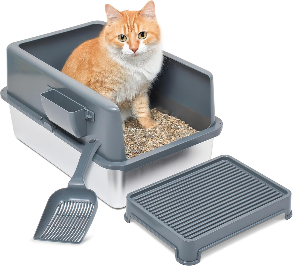 iPrimio Stainless Steel Cat Litter Box, XL Set with Scooper and Litter Mat | Complete XL steel setup with enclosure, step scoop and elevated mat. Scratch proof and bite proof, so it lasts for years.
