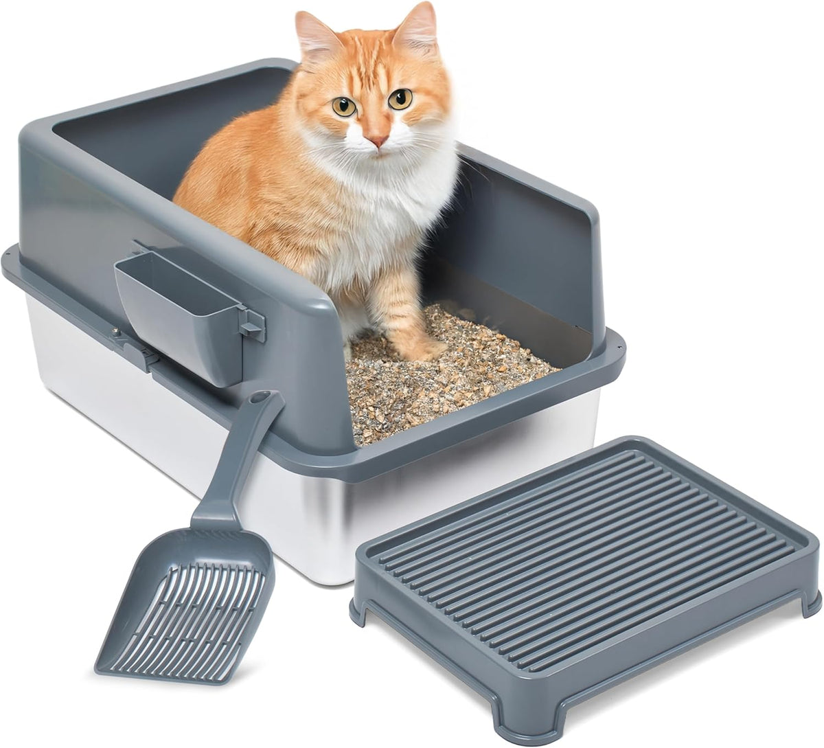 iPrimio Stainless Steel Cat Litter Box, XL Set with Scooper and Litter Mat | Complete XL steel setup with enclosure, step scoop and elevated mat. Scratch proof and bite proof, so it lasts for years.
