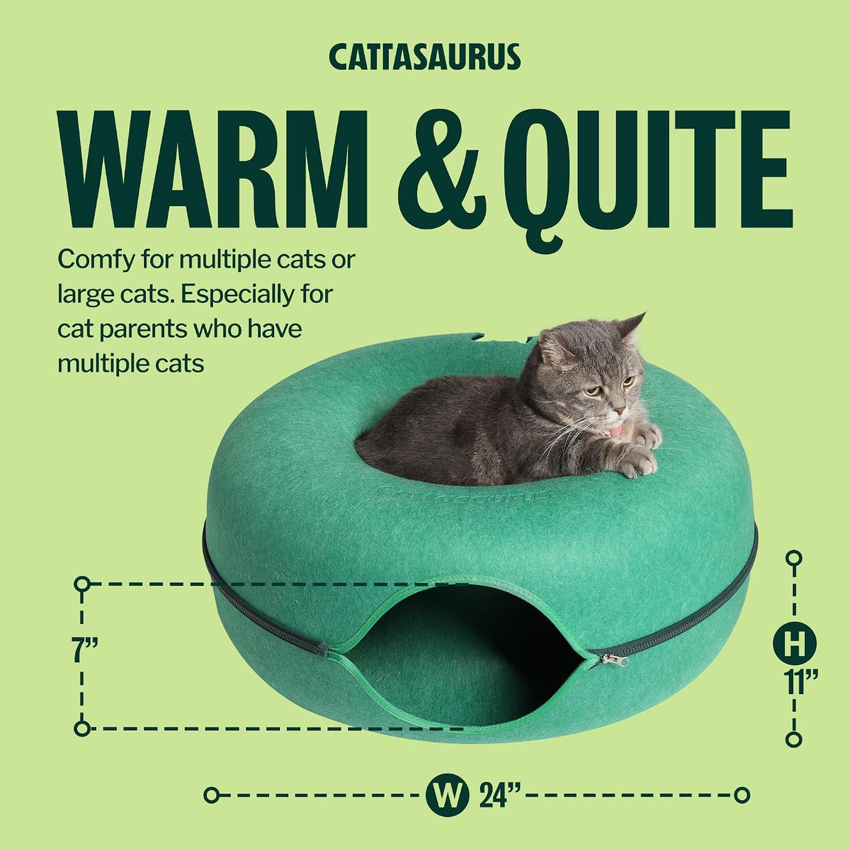 Cattasaurus Peekaboo Cat Cave Donut for Multiple & Large Cats up to 30-45 lbs, 3-in-1 Self Warming Cat Bed, Tunnel & Scratcher for Indoor Cats, Washable & Detachable Dog Bed (Forest Green, Large)