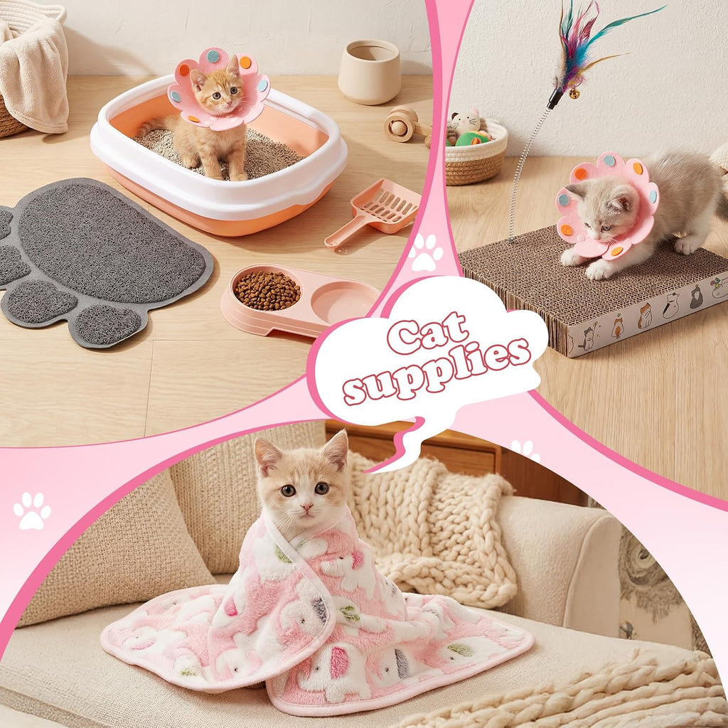 Leitee 28 Pcs Cat Starter Kit with Litter Box Scratcher Toys Bowls, Pink