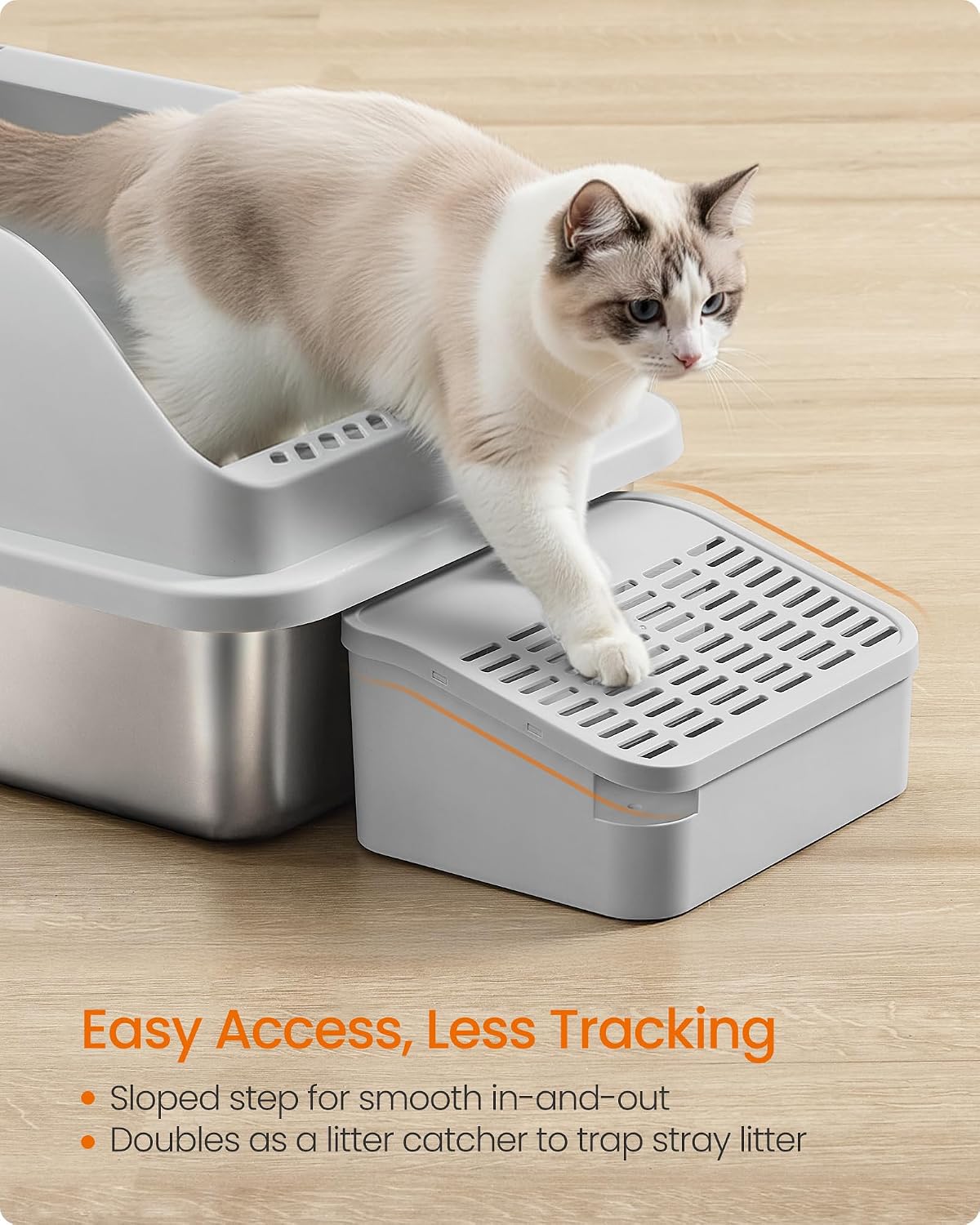 Feandrea 2 Pack Stainless Steel Cat Litter Boxes, for Cats up to 33 lb | High Sided Litter Trays with Open Top, Step, Scoop, Brush, Light Gray, BOXAL Collection UPPT012GD01