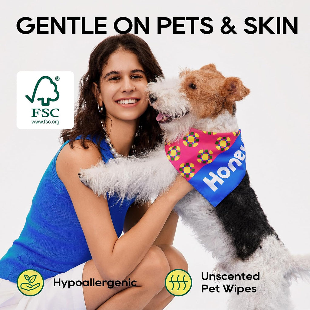 HONEY CARE Disposable Pet Wipes for Dogs & Cats, Fragrance-Free, 400 Count (4 Packs of 100 Wipes), Cleansing & Soothing for Paws, Butt & Body