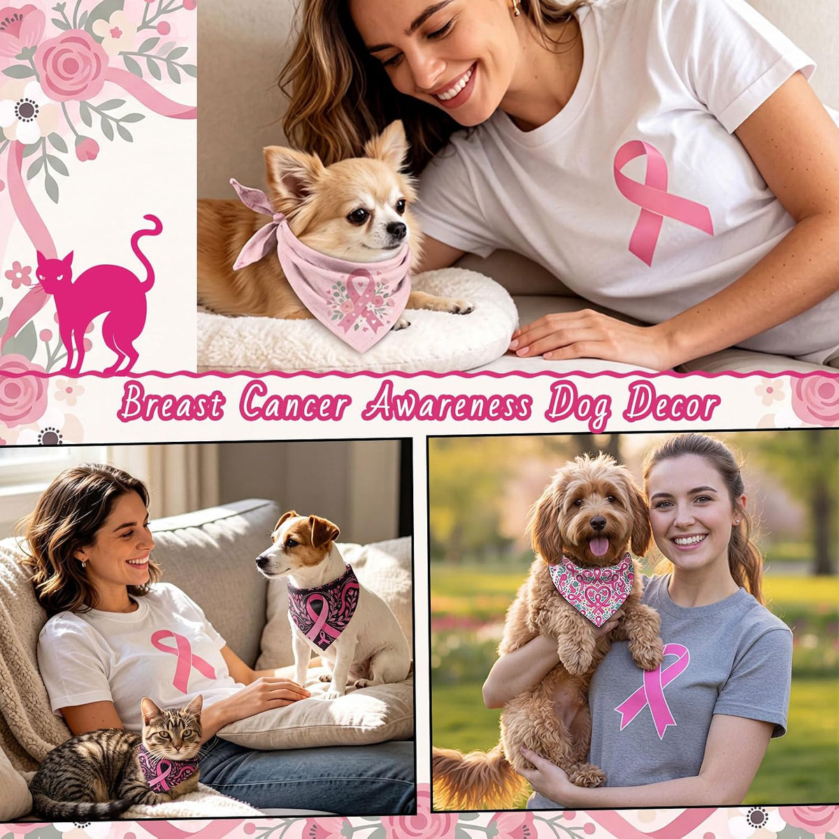 Huhumy 100 Pcs Breast Cancer Dog Bandanas Pink Ribbon Bandanas for Dogs