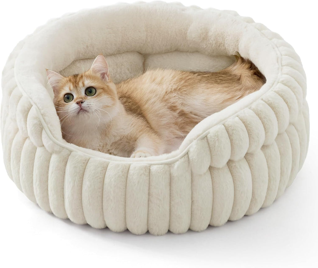 Bedsure ComfyFleece® Washable Cute Cat Bed,Soft Round Kitten Bed,20in,Cream