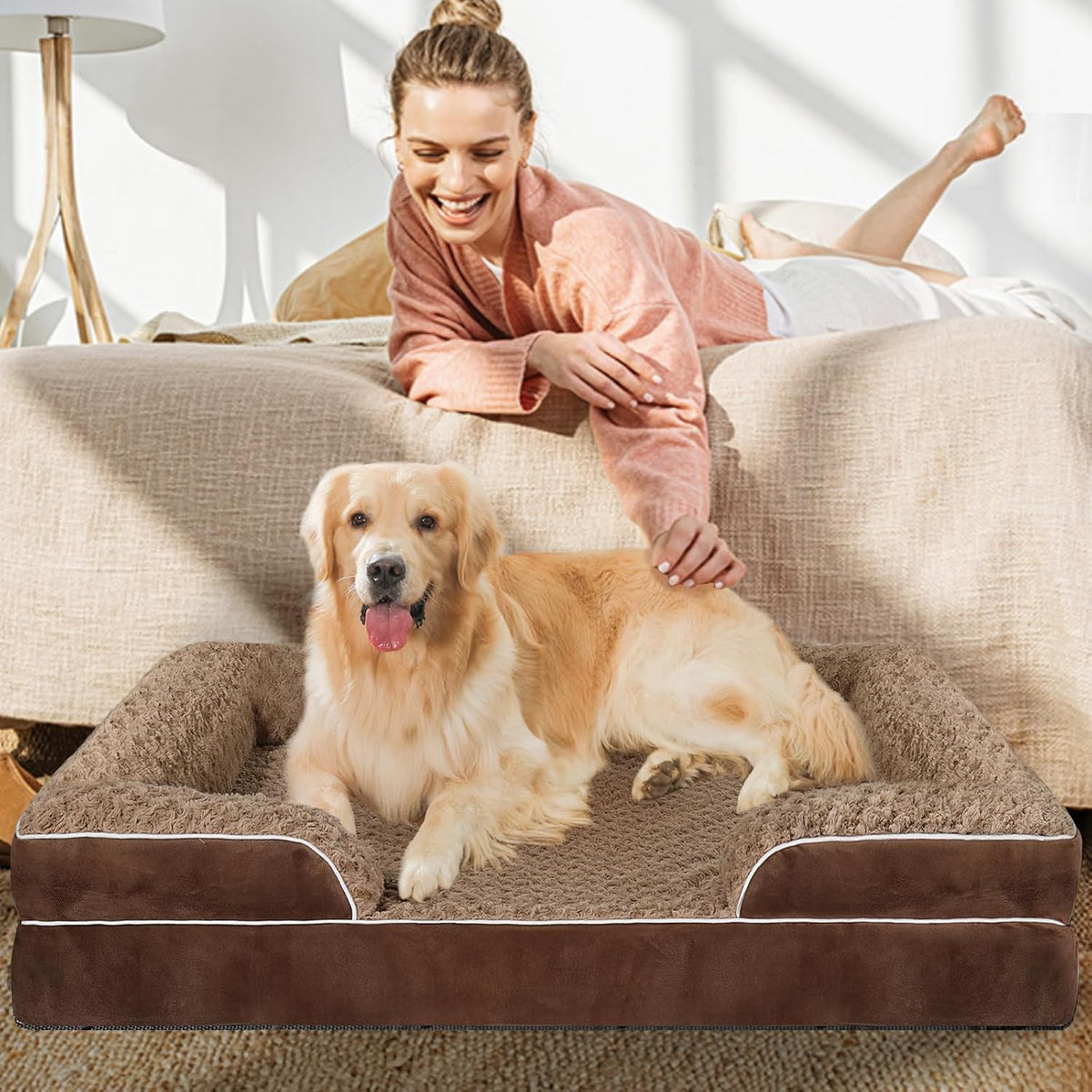 Orthopedic Dog Bed Medium Size Dog,Washable Dog Bed,Dog Couch Bed(Brown, M)