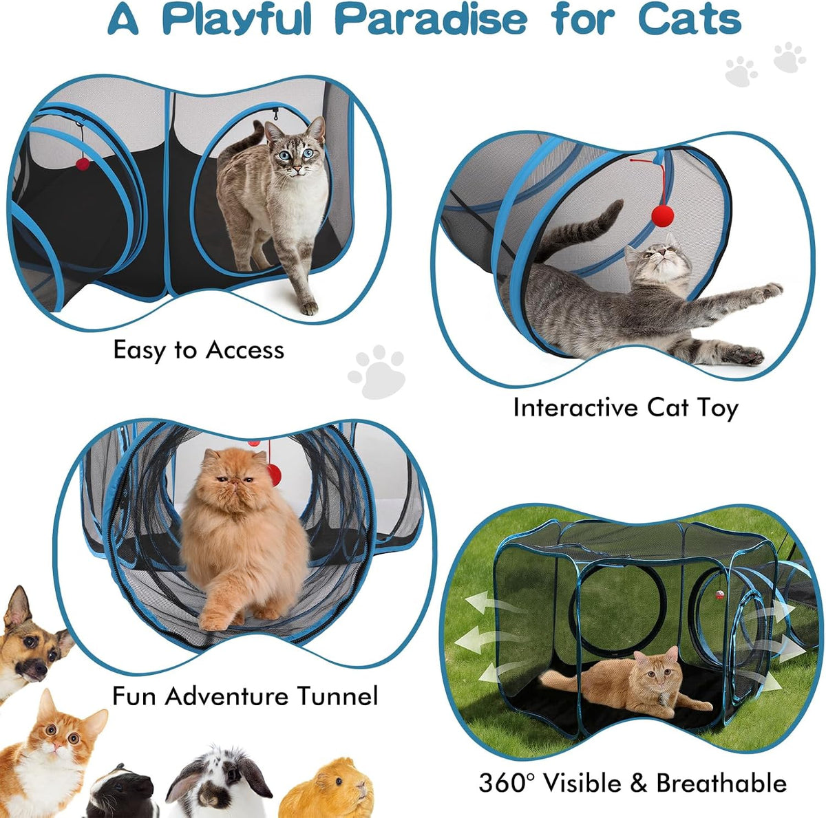 3-in-1 Outdoor Cat Enclosure, Portable Catio Tent with Tunnel