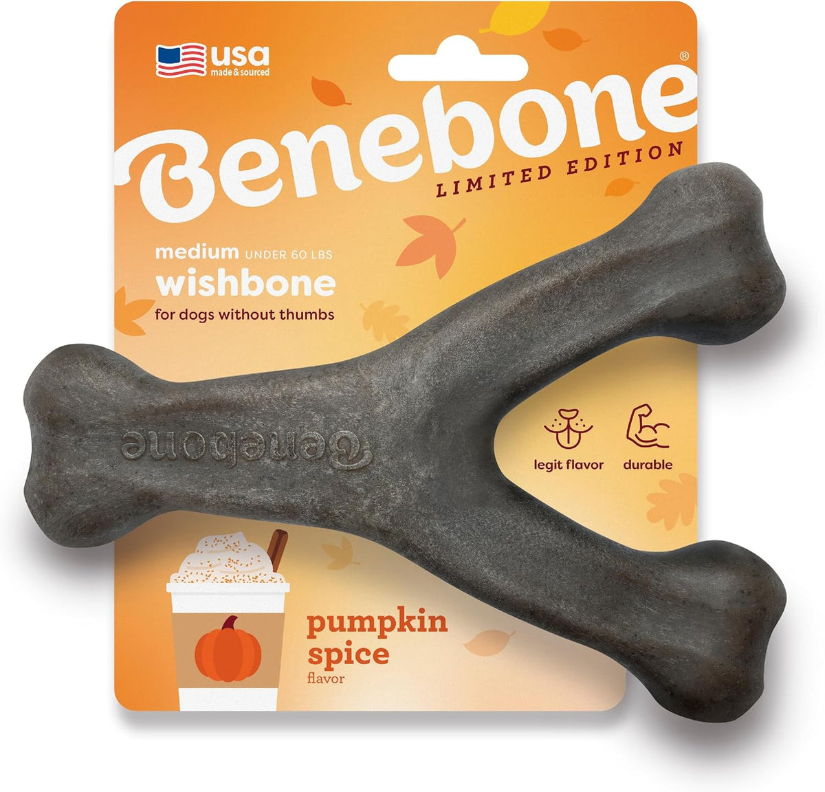 Benebone Wishbone Chew Toy for Aggressive Chewers, Pumpkin Spice, Medium