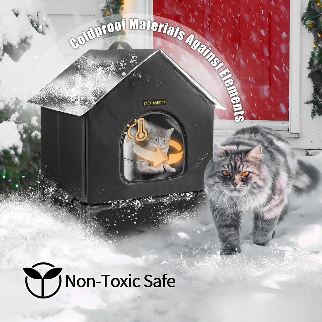 Rest-Eazzzy Cat House for Indoor and Outdoor Cats in Winter, Waterproof, Fully Insulated Shelter for Stray and Feral Cats, Great for Cat Houses for Outdoor and Cat Beds for Indoor Cats(Black, Medium)