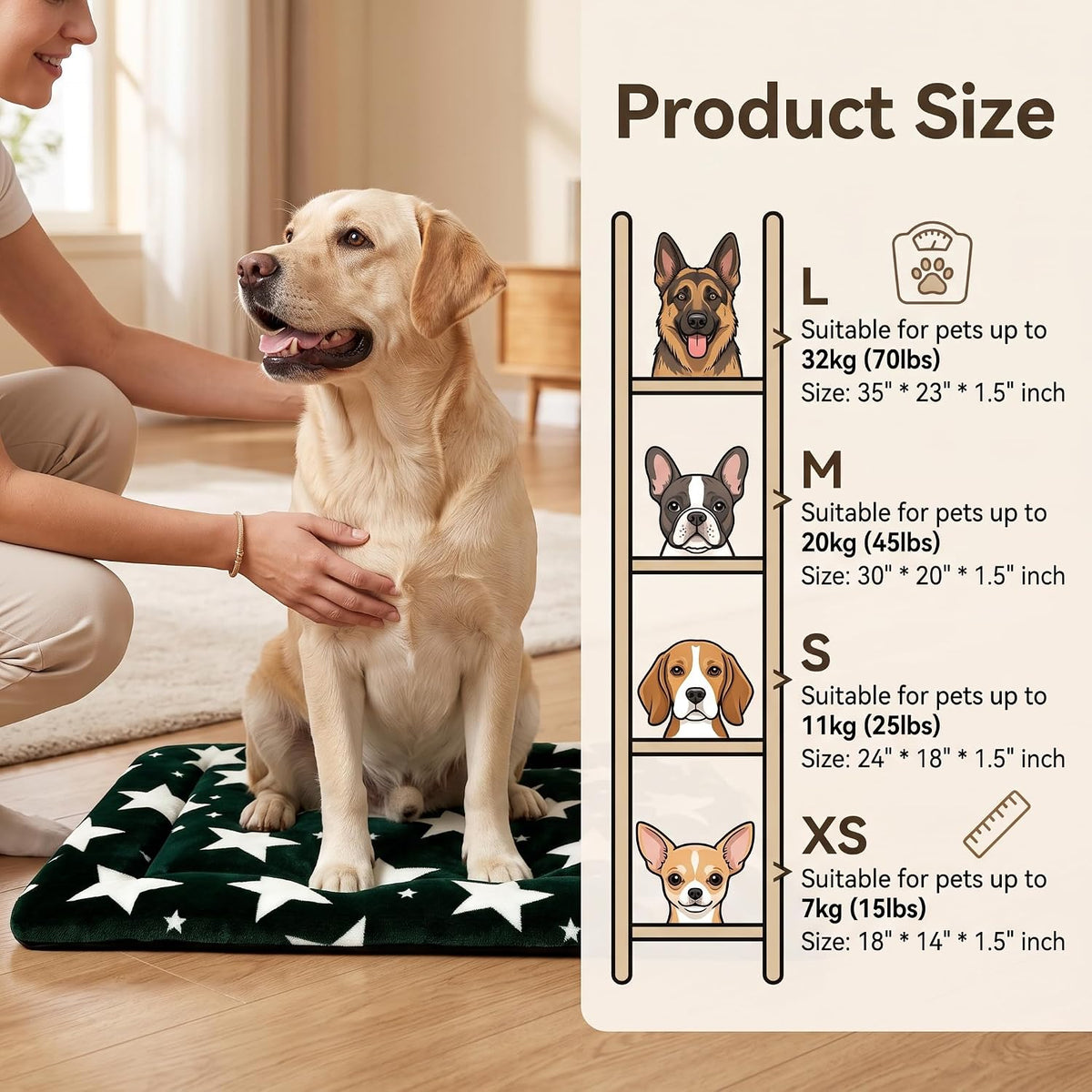 Dog Bed Mat,Reversible & Ultra Soft Kennel Pad-Machine Washable Pet Bed for Dogs & Cats-All-Weather Crate Liner for Crates,Carriers & Travel (Big Star&Green, 35.0" L x 23.0" W x 1.5" Th)