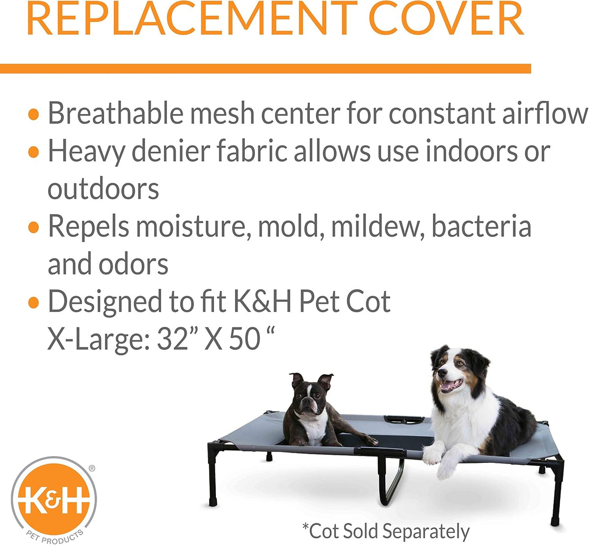 K&H Outdoor Elevated Dog Bed Pet Cot Replacement Cover, Gray, X-Large 50 X 32 Inches (Pack of 6)
