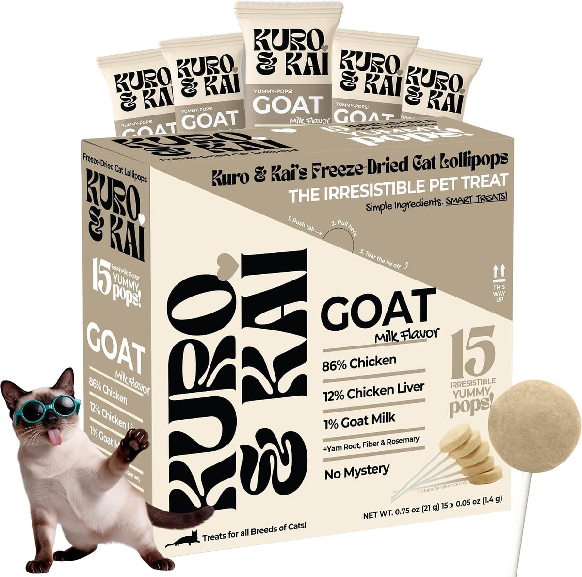 KURO & KAI Freeze Dried Goat Milk Cat Treats, Chicken Lollipops, 15 Count