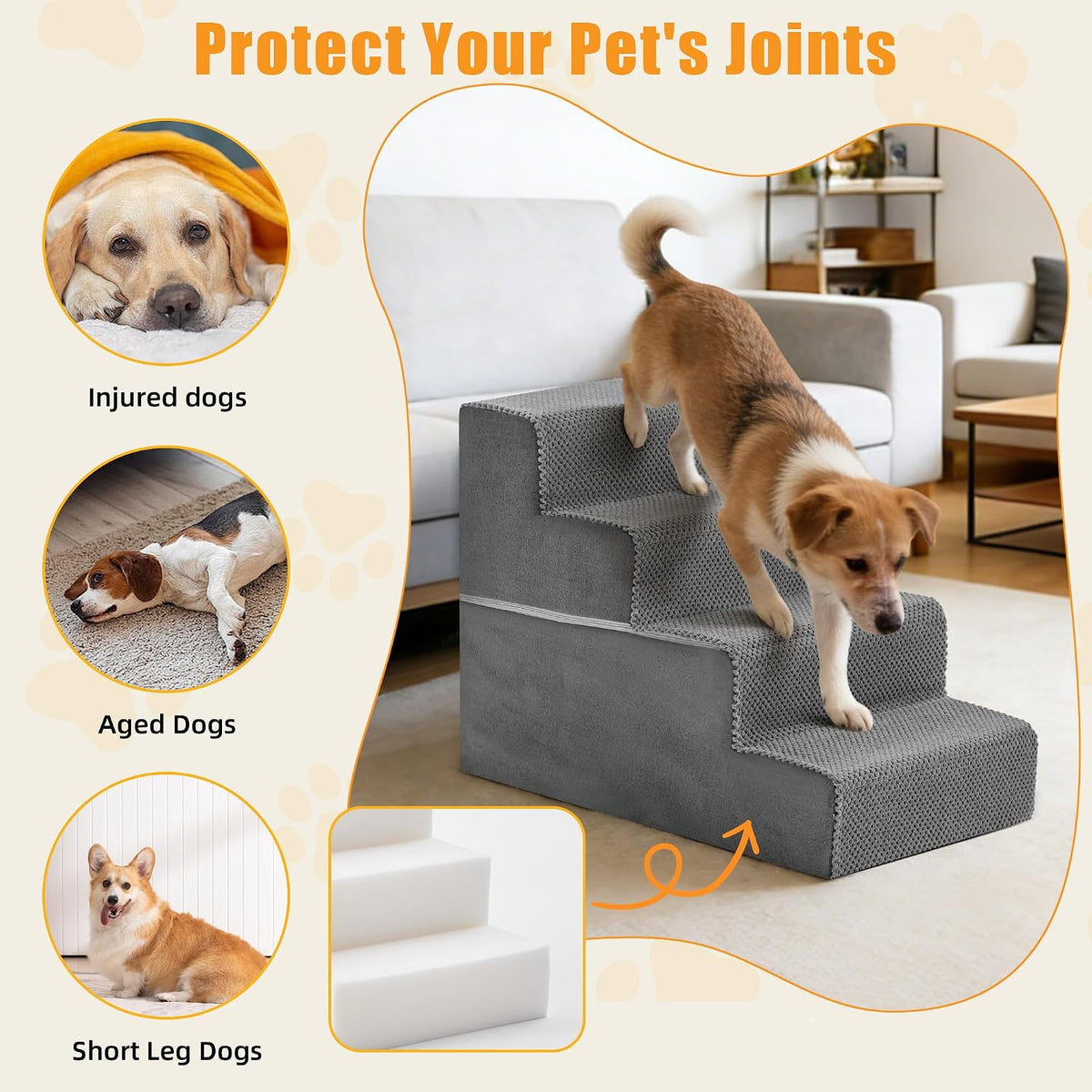 4-Step Dog Stairs for Large Dogs and Cats, 18in H Dog Steps, Grey