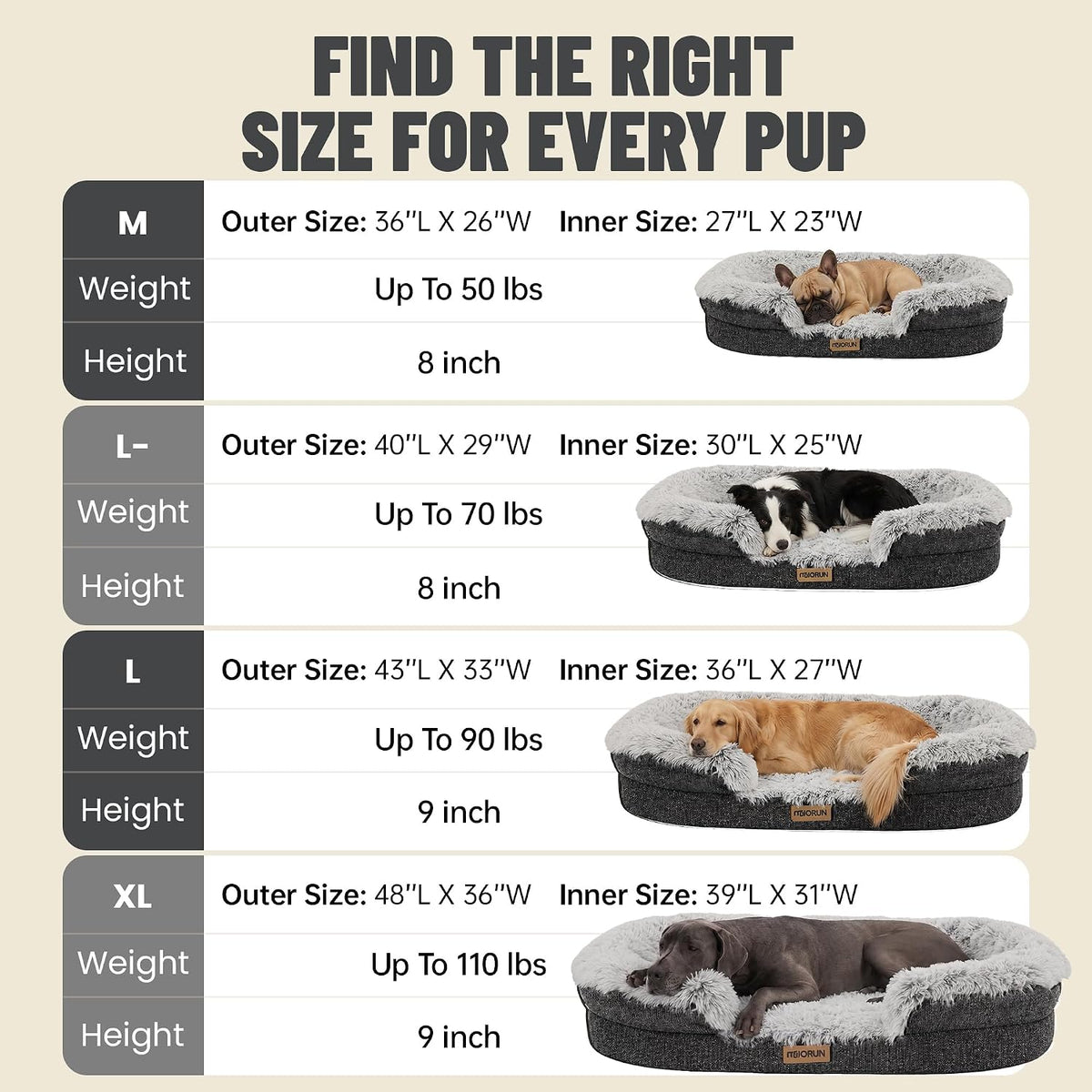 Miorun Fluffy Orthopedic Dog Beds Large Sized Dog, 40" Bolster Sofa Bed