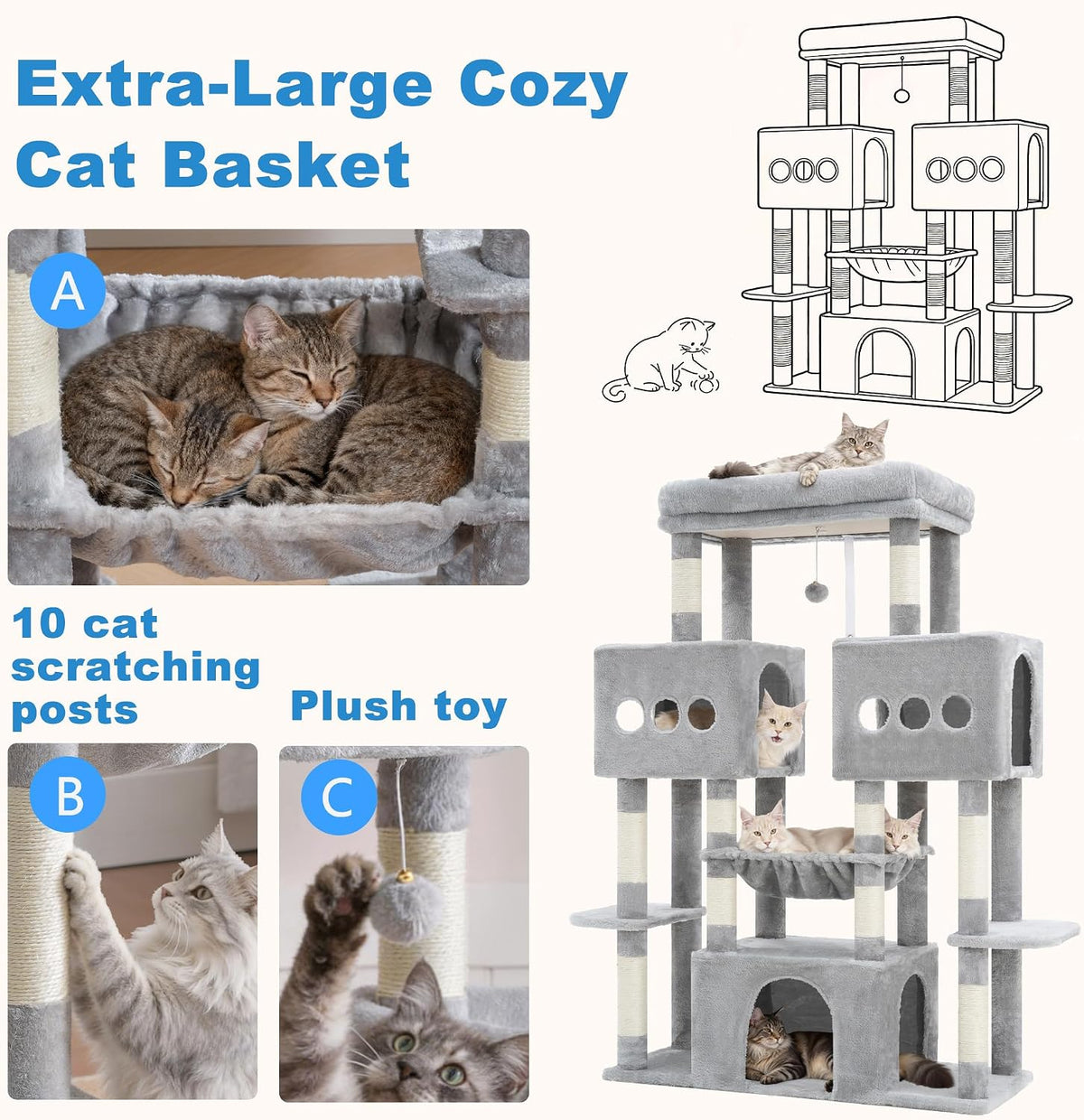 Hey-brother Cat Tree Tower with Sturdy Wide Base, Large Platforms, MPJ083W