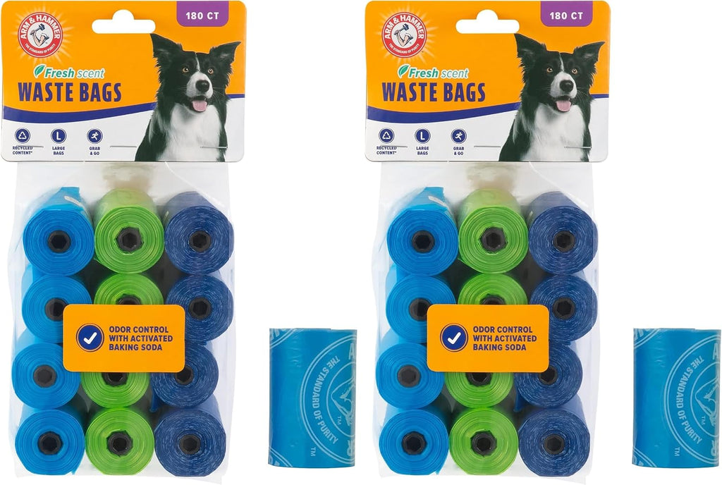Arm & Hammer Easy-Tear Disposable Dog And Cat Waste Bags With Activated Baking Soda, 180 Dog Poop Bags, 9 x 14 Inches, (Pack of 2)