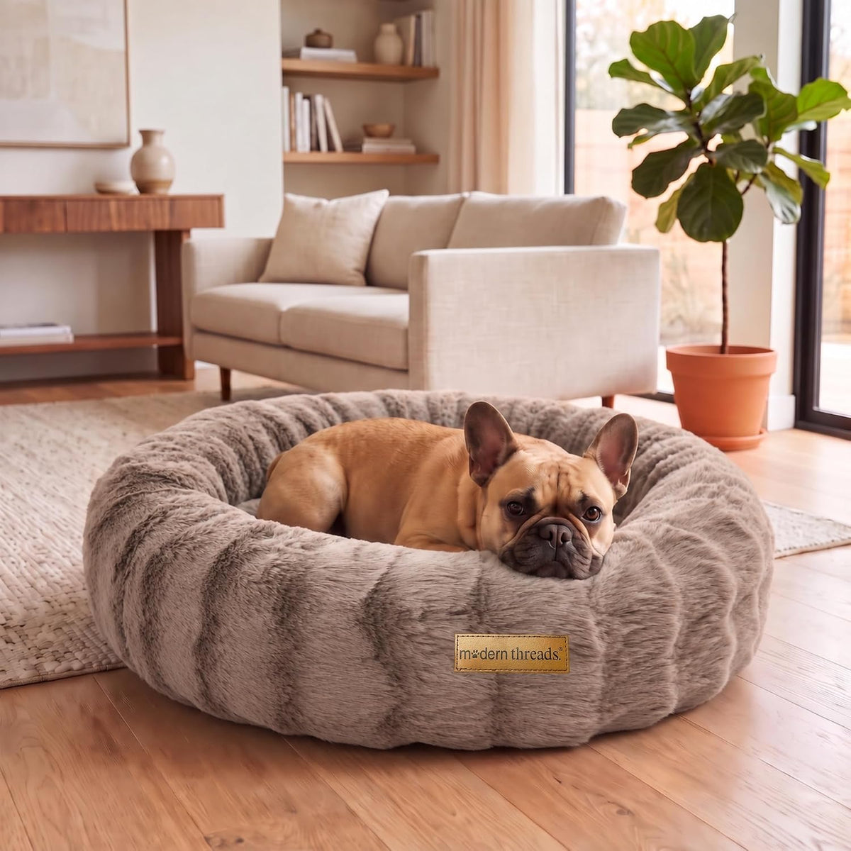 Modern Threads Calming Donut Dog Bed for Medium Dogs, Plush Round Faux Fur Pet Bed with Raised Bolster, Soft Washable Dog Bed, 30x30x9, Taupe
