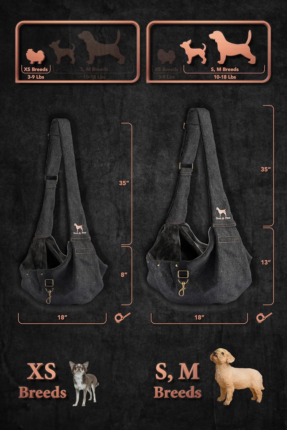 Noah & Paw Dog Sling Carrier for Small Dogs 3-10lb, Dog Sling for Small Dogs and Cats, Dog Carrier with Adjustable Padded Strap, Premium Denim, Lined with Fur, Double Safety Feature, Machine Washable