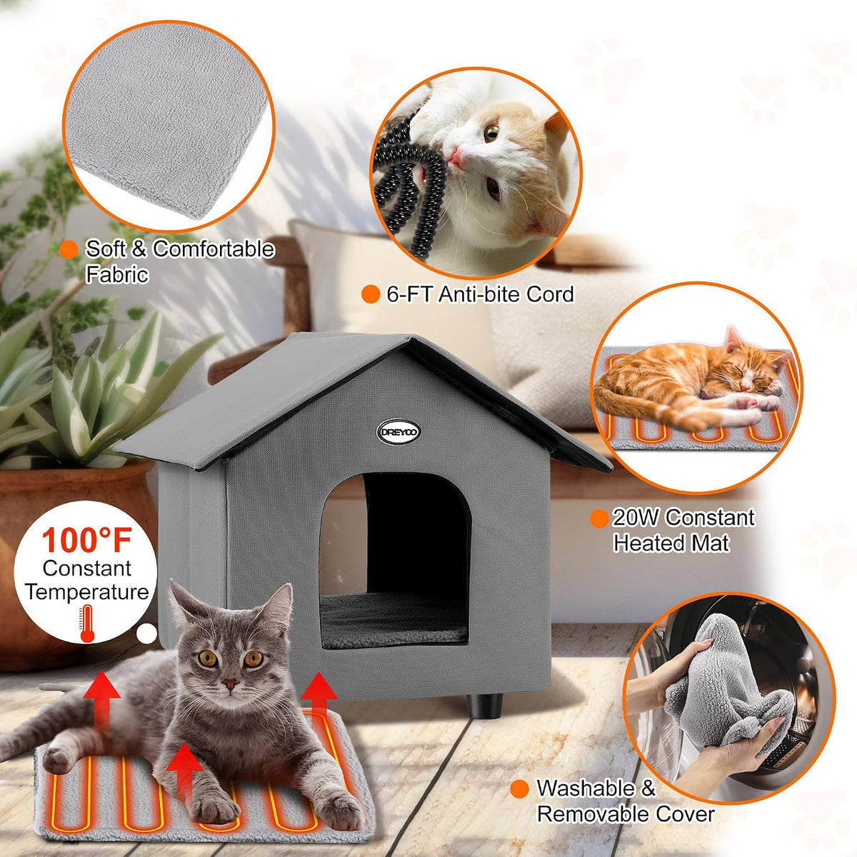 Dreyoo 1 Pack Heated Cat House Weatherproof, Dark Gray